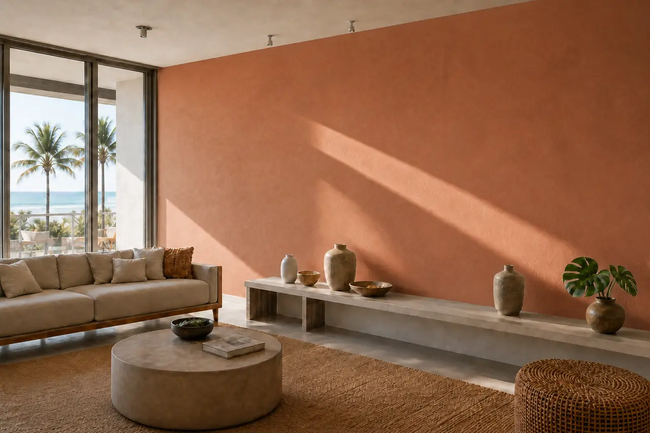 Simulação de ambiente: sala ampla com a parede principal em textura terracota, sofá bege, banco baixo de concreto e janela para a praia