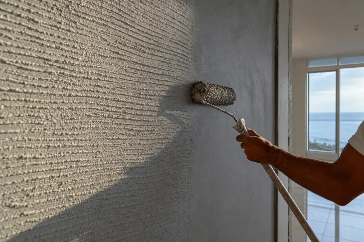 Ambiente ilustrativo: Rolo de textura marcando o relevo no reboco fresco.
